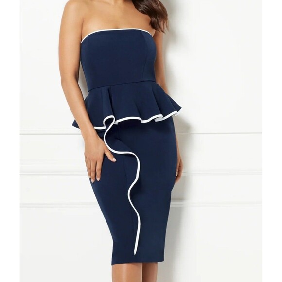 Eva Mendes NY & Company Strapless Navy Peplum Ruffled Midi Coctail Dress 6 Nwt - Picture 1 of 8